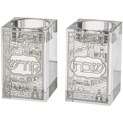 Crystal Candlesticks with Metal Plaque