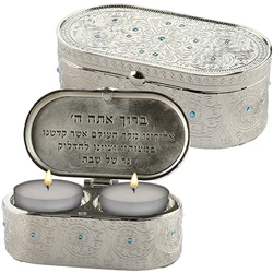Nickel Travel Size Candlesticks In A Box Inlaid With Light Blue Stones- "filigree"