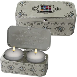 Nickel Travel Size Candlesticks In A Box  Inlaid With Hoshen Stones