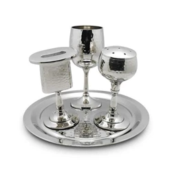 Havdalah 3pcs set on round tray nickel Hammering decor