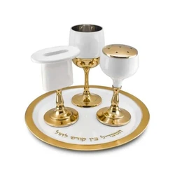 Havdalah 3pcs set on round tray white enamel