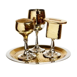 S.Steel Havdalah 3pcs set on round tray Hammering with Gold Tone decor
