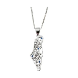 Sterling Silver Necklace- Map of Israel Decorated with Blue & Clear Stones
