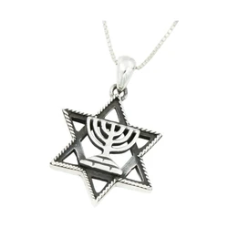 Sterling Silver Star of David Necklace With a Mnorah- Vintage Style