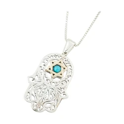 Sterling Silver Hamsa Necklace With 9K Gold Star of David Center & Turquoise Stone