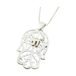Sterling Silver Hamsa Necklace With 9K Gold Chai Center