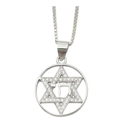 Sterling Silver Star of David Necklace- Circle Frame Design- With Clear Stones