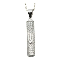 Sterling Silver Mezuzah Necklace- Cylinder Shaped with Clear Stones