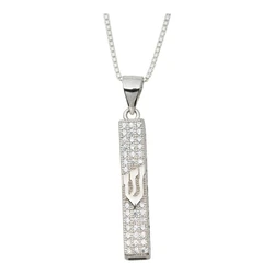 Sterling Silver Mezuzah Necklace- Rectangle Shaped with Clear Stones