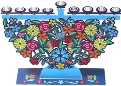 Menorah, Lasercut printed metal, decorated with "embroidered" flowers