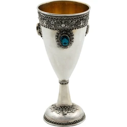 Silver Yemenite Kiddush Cup with Turquoise Gemstone & Crown Border
