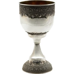 Large Silver Yemenite Kiddush Cup with Decorative Crown Base & Rim