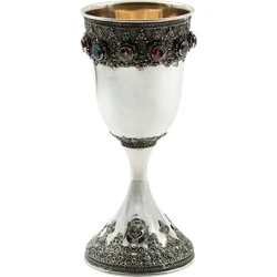 Silver Yemenite Kiddush Cup with Garnet Gemstones and Crown Design