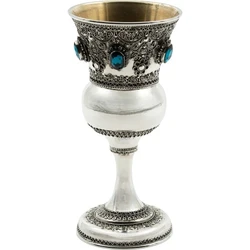 Silver Yemenite Kiddush Cup with Turquoise Gemstones and Ornate Border