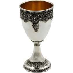 Silver Yemenite Kiddush Cup with Bold Crown Border and Narrow Stem