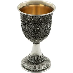 Silver Yemenite Kiddush Cup with Dense Ornate Pattern and Smooth Lip
