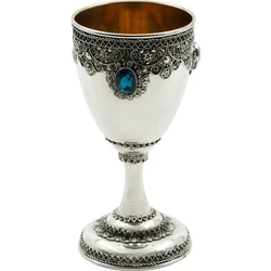 Silver Yemenite Kiddush Cup with Turquoise Gemstone and Crown Border