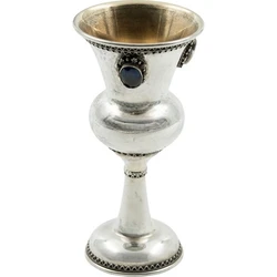 Silver Yemenite Kiddush Cup with Single Blue Gem and Smooth Body