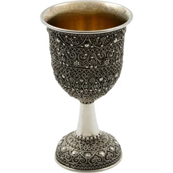 Silver Yemenite Kiddush Cup with Dense Pattern and Rounded Base