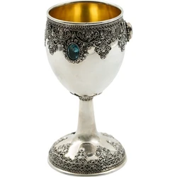 Silver Yemenite Kiddush Cup with Turquoise Gemstone and Floral Crown