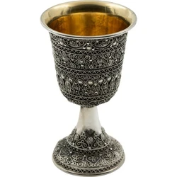 Silver Yemenite Kiddush Cup with Floral Filigree and Textured Stem Base
