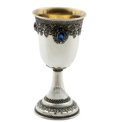 Sterling Silver Yemenite Kiddush Cup with Blue Gemstone and Beaded Base