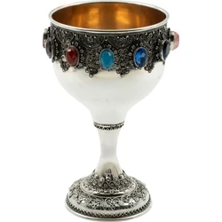 Silver Yemenite Kiddush Cup with Blue Gemstones and Floral Crown Border