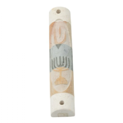 Jerusalem Stone Mezuzah Case-Shein & Menorah- Ellipse