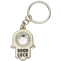 amsa Keychain – Silver 'Good Luck' with Clear Gem