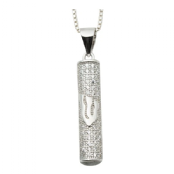 Sterling Silver Mezuzah Necklace- Cylinder Shaped with Clear Stones