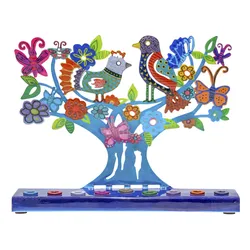 Hanukkah Menorah - Laser Cut, Hand Painted - Birds & Butterflies