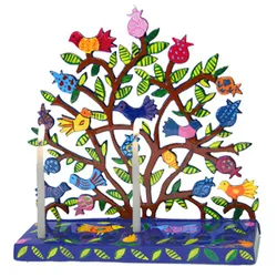 Hanukkah Menorah - Hand Painted Laser Cut - Pomegranates + Birds