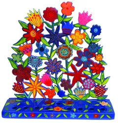 Hanukkah Menorah - Hand Painted Laser Cut - Flowers